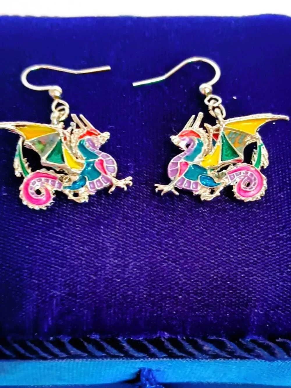 Bonsny Dragon Enamel Dangle Earrings Colorful 3D Silver Tone Wire Drop Jewelry